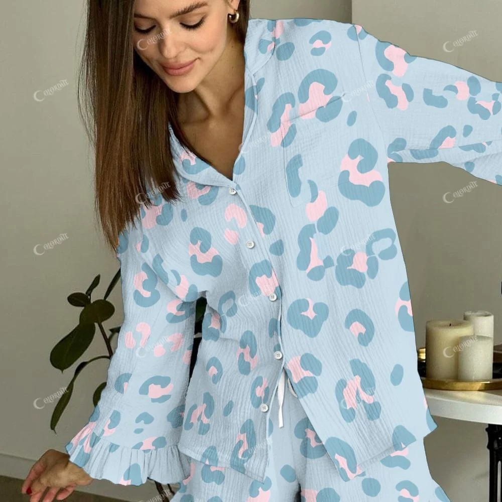 Women's Vintage Blue And Pink Leopard Printed Linen Cotton Suit