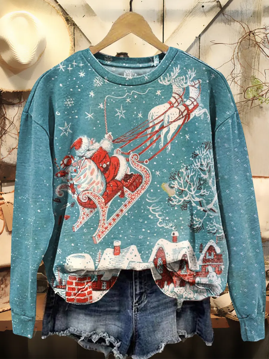 Women's Vintage Blue Christmas Art Print Casual Round Neck Pullover Sweatshirt