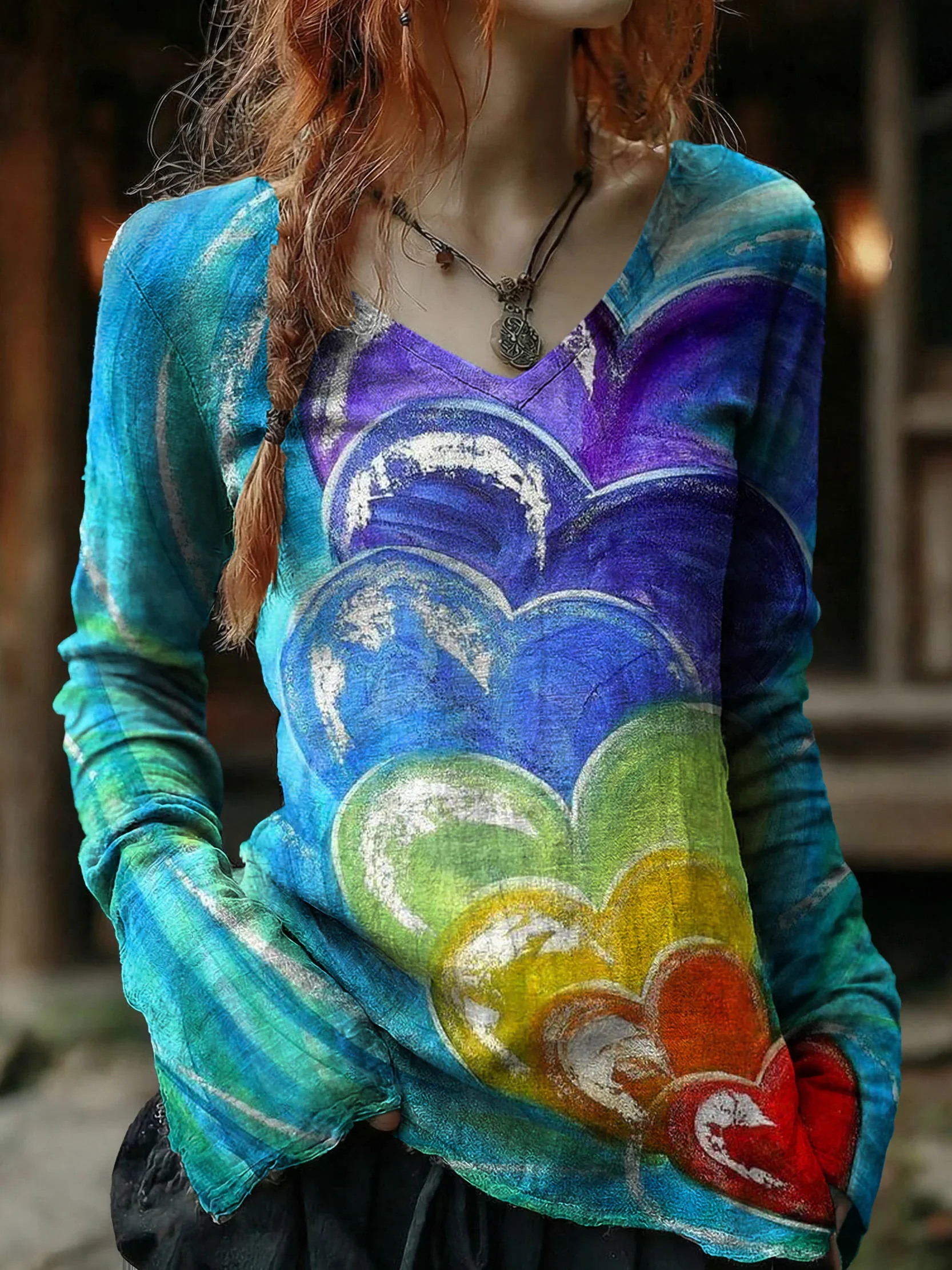 Women's Vintage Blue Love Heart Art Print Casual V-neck Cotton Top