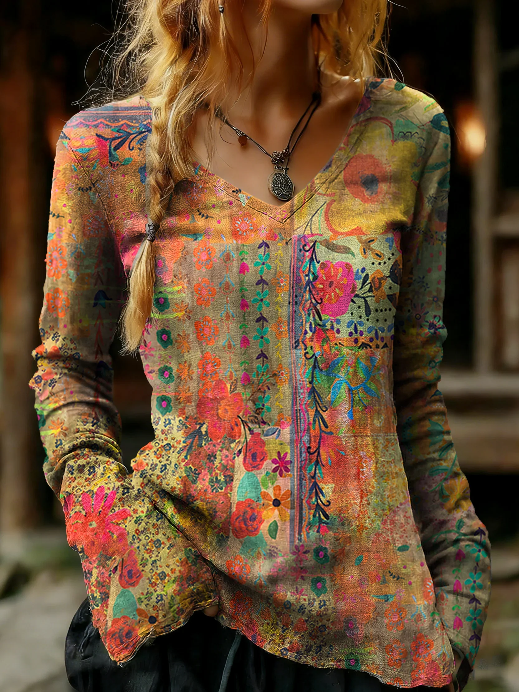 Women's Vintage Bohemian Floral Art Print Casual V-neck Cotton T-shirt