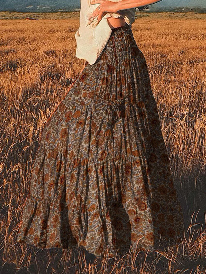 Women's Vintage Bohemian Floral Print Cotton Pocket Skirt - Image 3