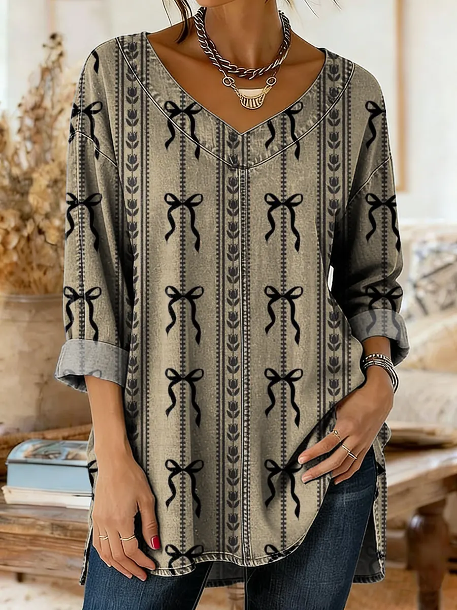 Women's Vintage Bowknot Art Print Casual Washed Denim Cotton Top
