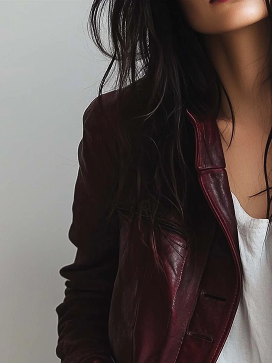 Women's Vintage Burgundy Faux Leather Jacket - Image 2