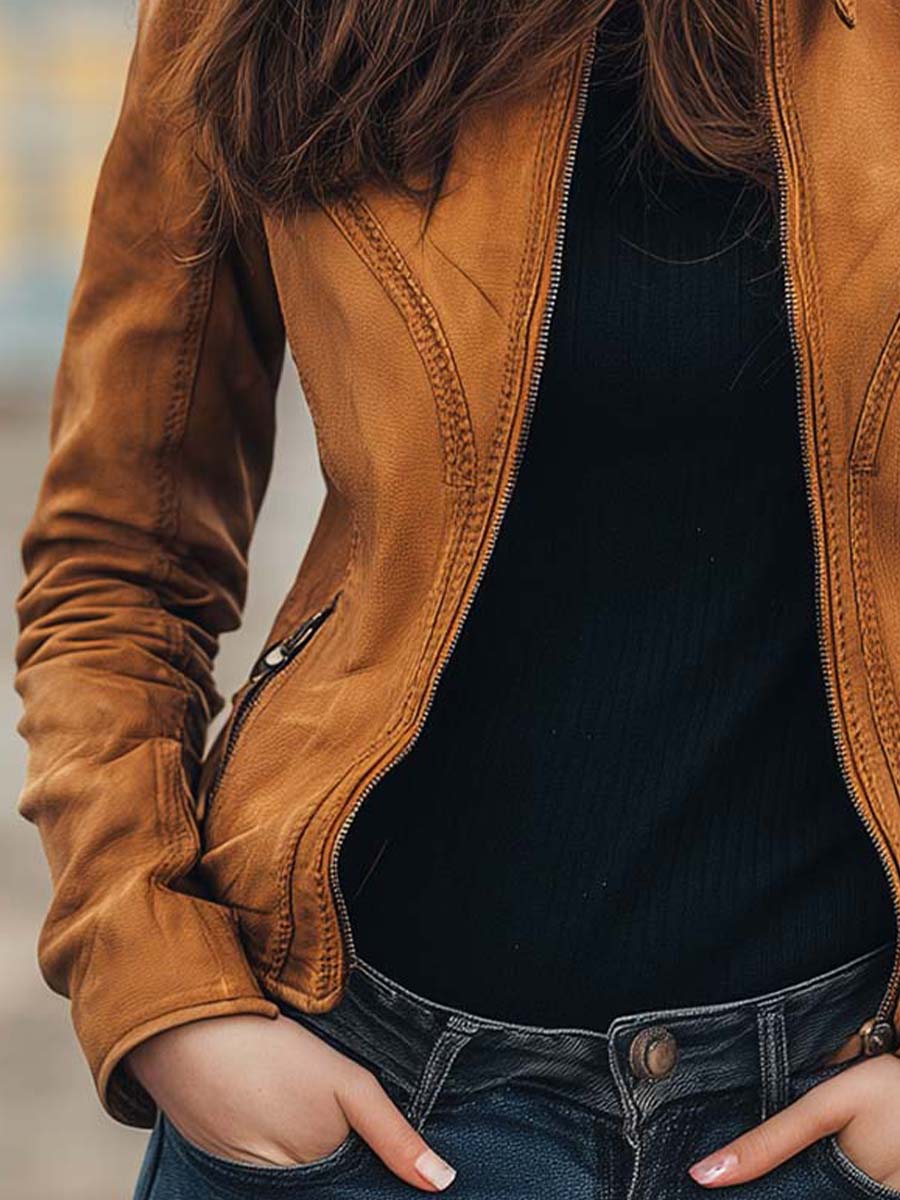 Women's Vintage Caramel Brown Fitted Moto Leather Jacket - Image 2