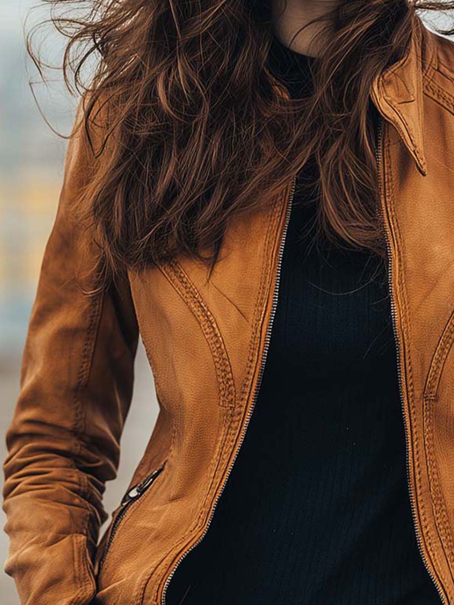 Women's Vintage Caramel Brown Fitted Moto Leather Jacket - Image 3