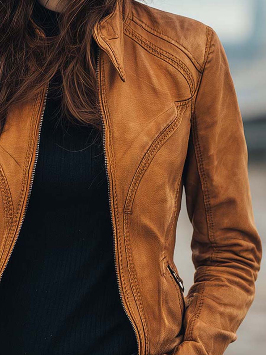 Women's Vintage Caramel Brown Fitted Moto Leather Jacket - Image 4