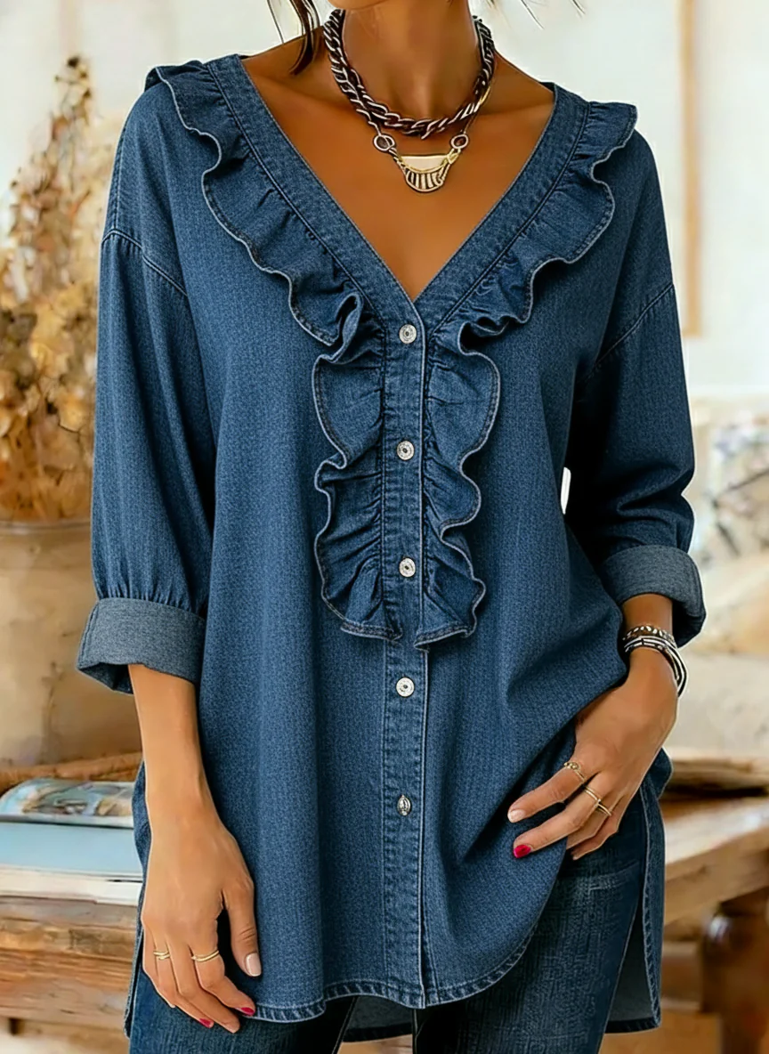 Women's Vintage Casual Early Spring Ruffle V-neck Cowboy Button Shirt