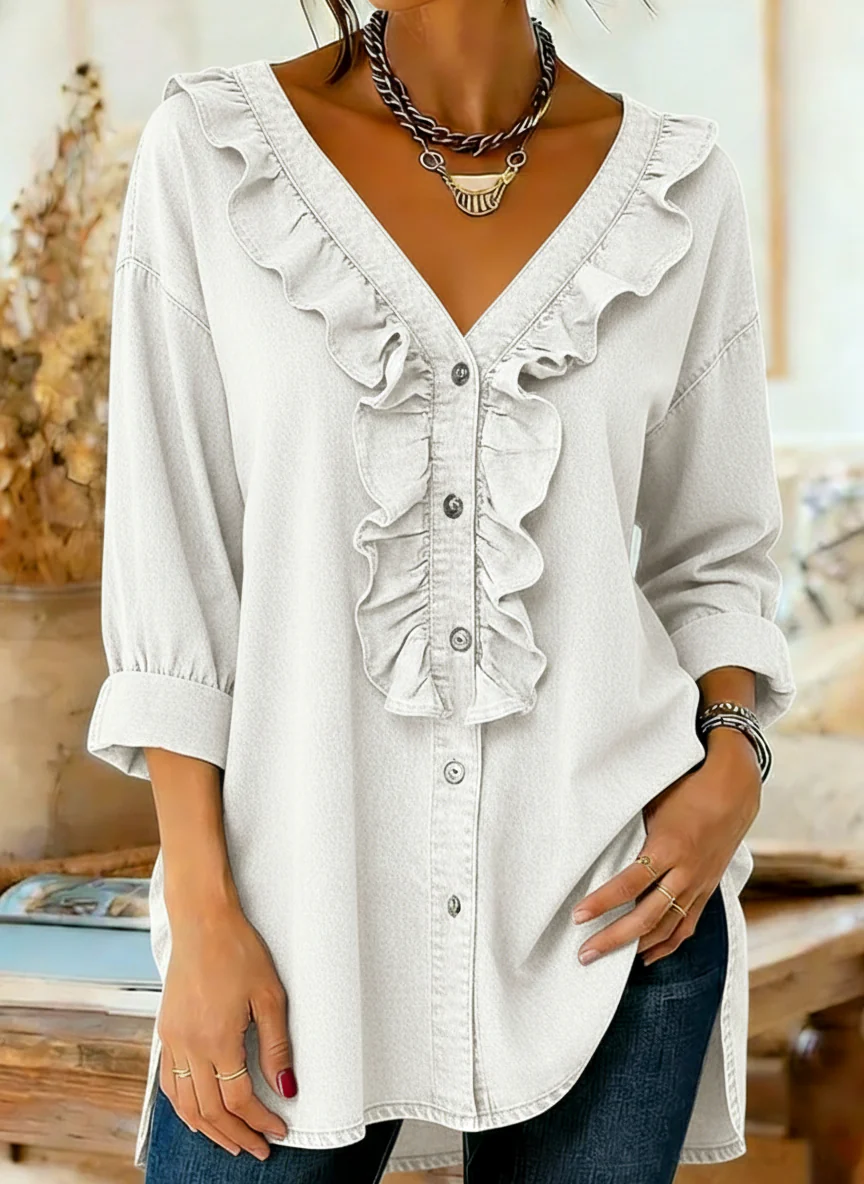Women's Vintage Casual Early Spring Ruffle V-neck Cowboy Button Shirt - Image 2