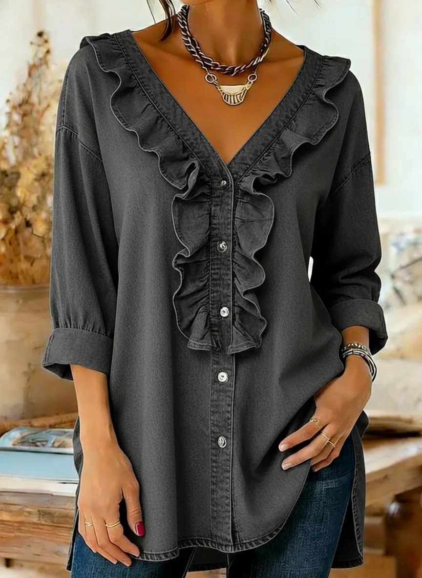 Women's Vintage Casual Early Spring Ruffle V-neck Cowboy Button Shirt - Image 4