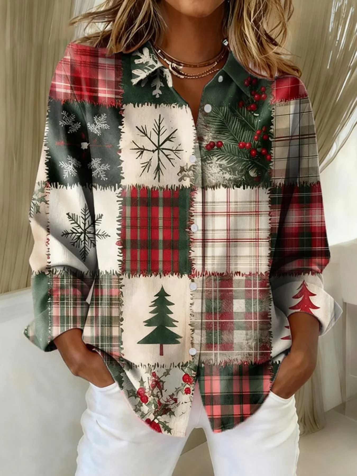 Women's Vintage Christmas Patchwork Art Print Casual Cotton Shirt