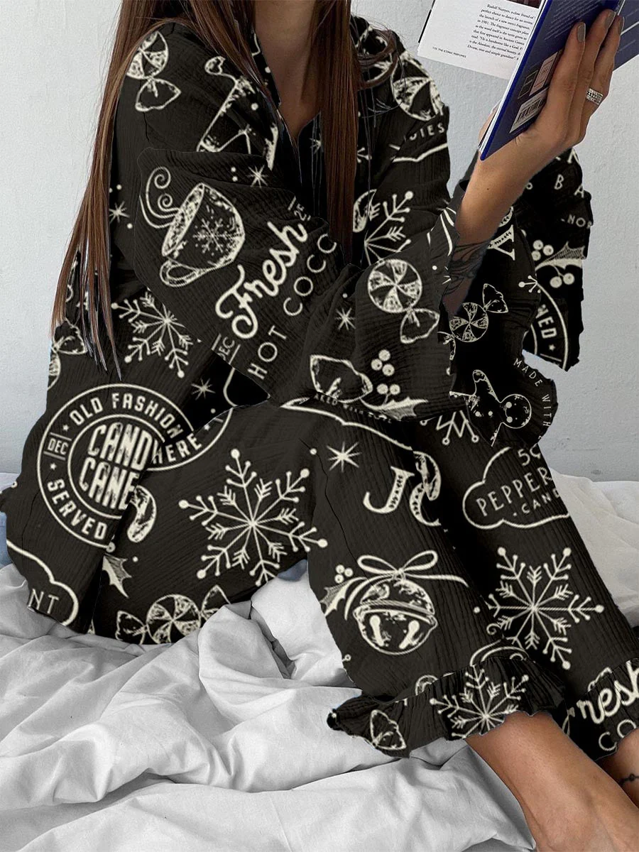 Women's Vintage Christmas Print Linen Cotton Suit - Image 10