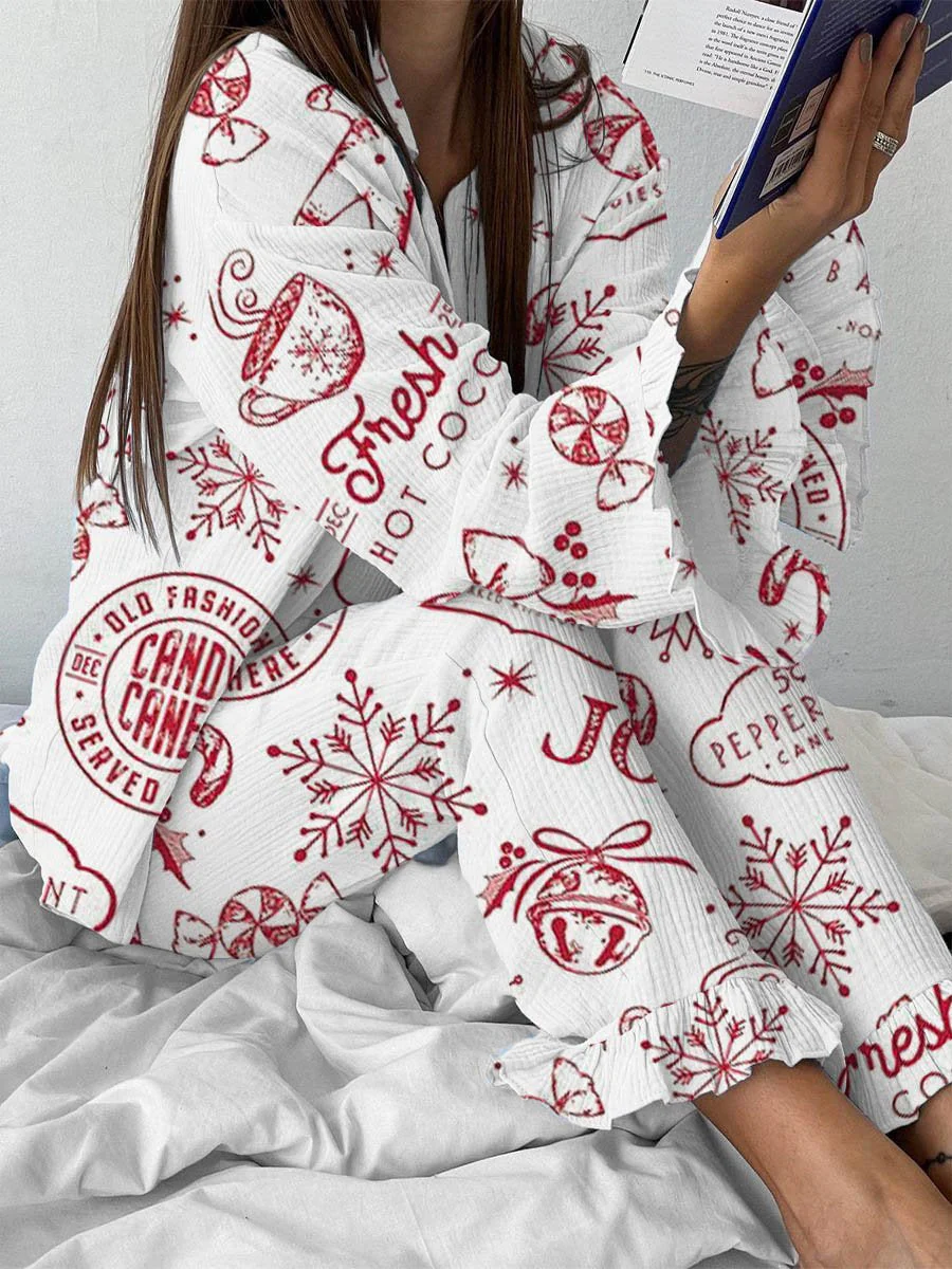 Women's Vintage Christmas Print Linen Cotton Suit - Image 2