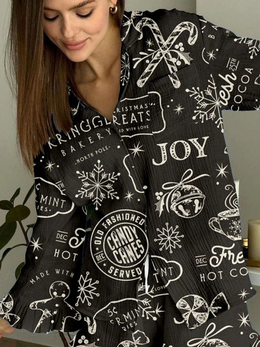 Women's Vintage Christmas Print Linen Cotton Suit - Image 9