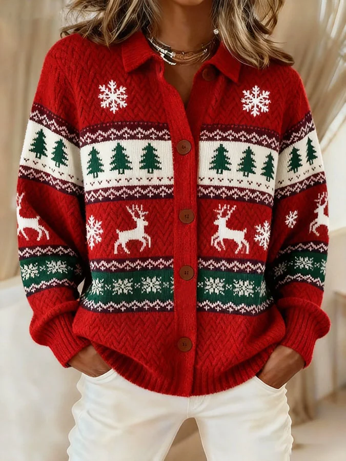 Women's Vintage Christmas Printed Casual Cardigan