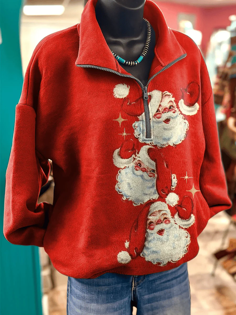Women's Vintage Christmas Santa Claus Art Print Casual Long Sleeve Zipper Sweatshirt