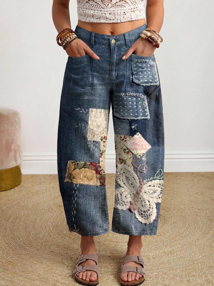 Women's Vintage Collage Pattern Art Prints Casual Jeans