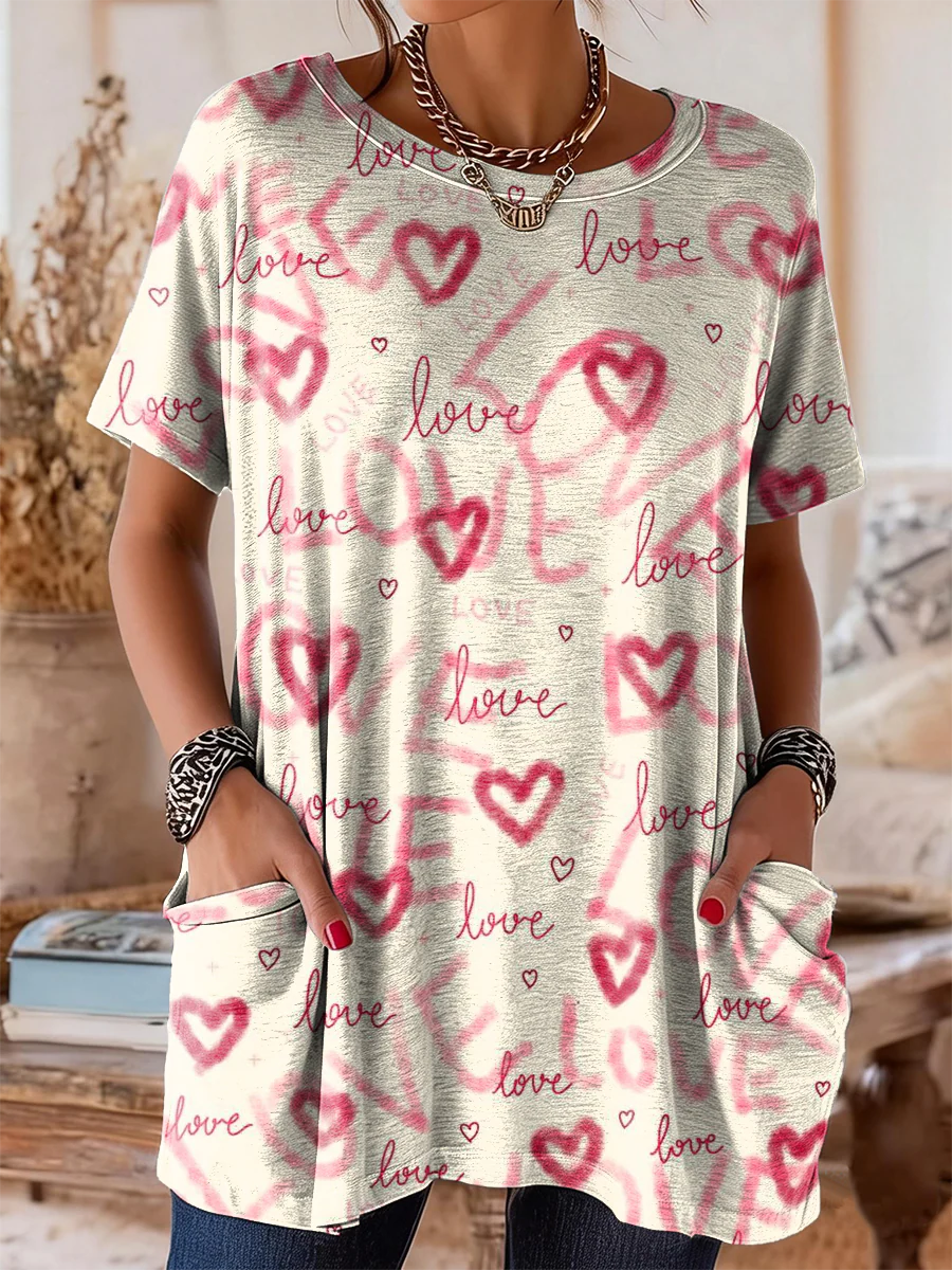 Women's Vintage Cute Valentine's Day Love Heart Art Print Casual Round Neck Pocket Short Sleeve Cotton T-shirt
