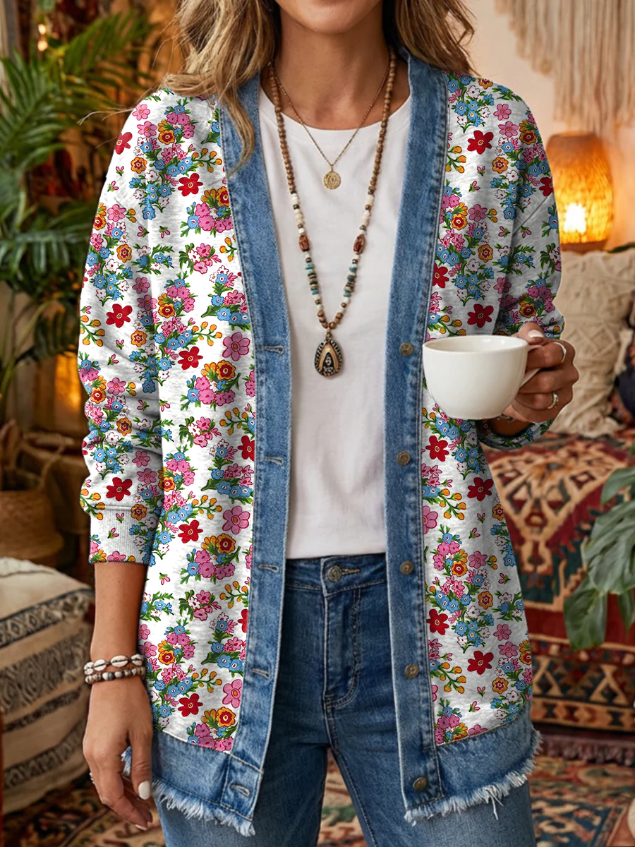 Women's Vintage Cute White Floral Art Prints Casual Cowboy Patchwork Cotton Jacket
