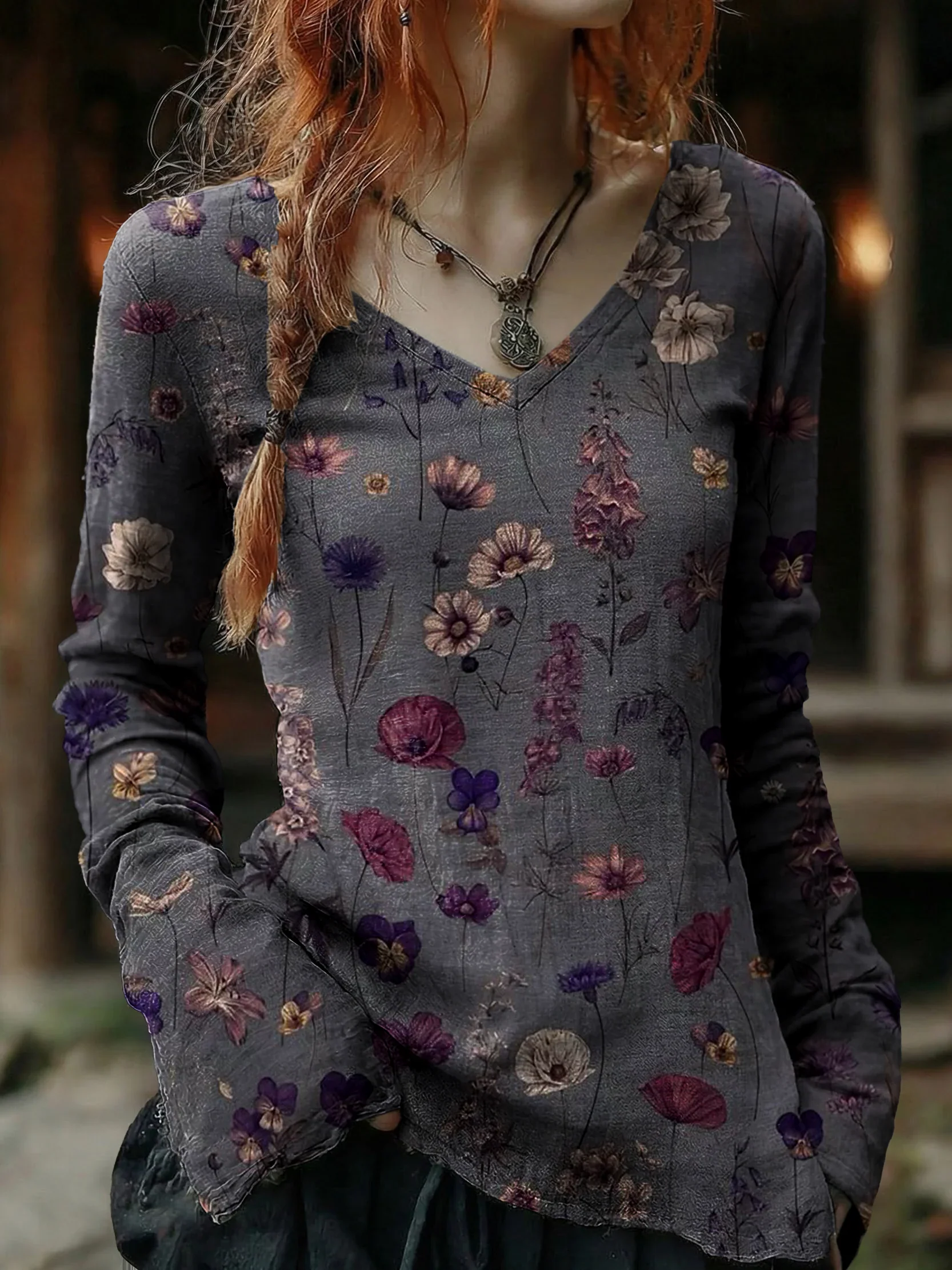 Women's Vintage Dark Gray Floral Art Print Casual V-neck Cotton Top