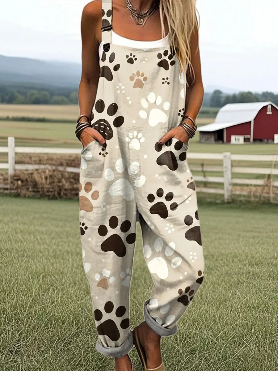 Women's Vintage Dog Paw Print Art Print Casual Cotton Linen Wide Leg Jumpsuit