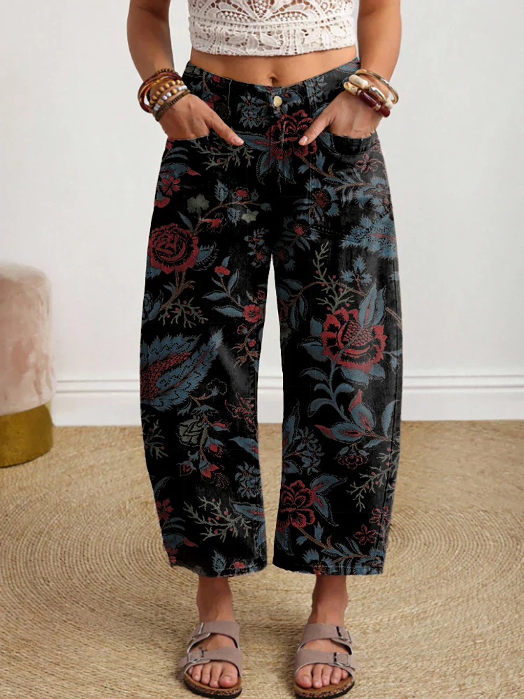 Women's Vintage Ethnic Black Floral Art Print Casual Jeans