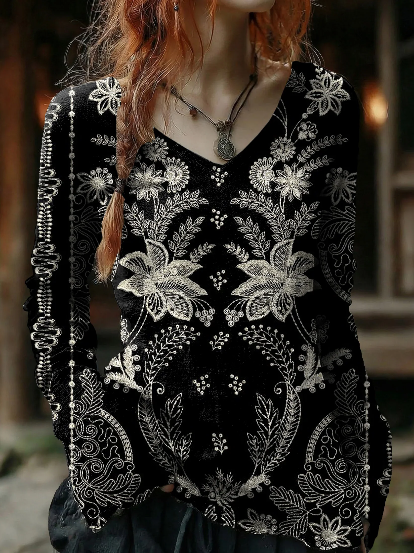 Women's Vintage Ethnic Black Floral Art Print Casual V-neck Cotton Top