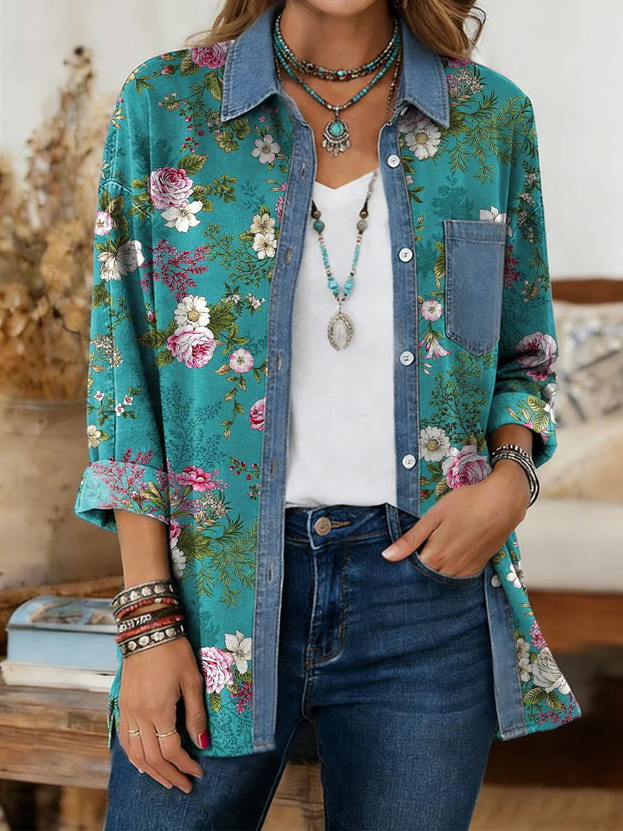 Womens Vintage Ethnic Blue Floral Art Print Casual Pocket Denim Patchwork Shirt
