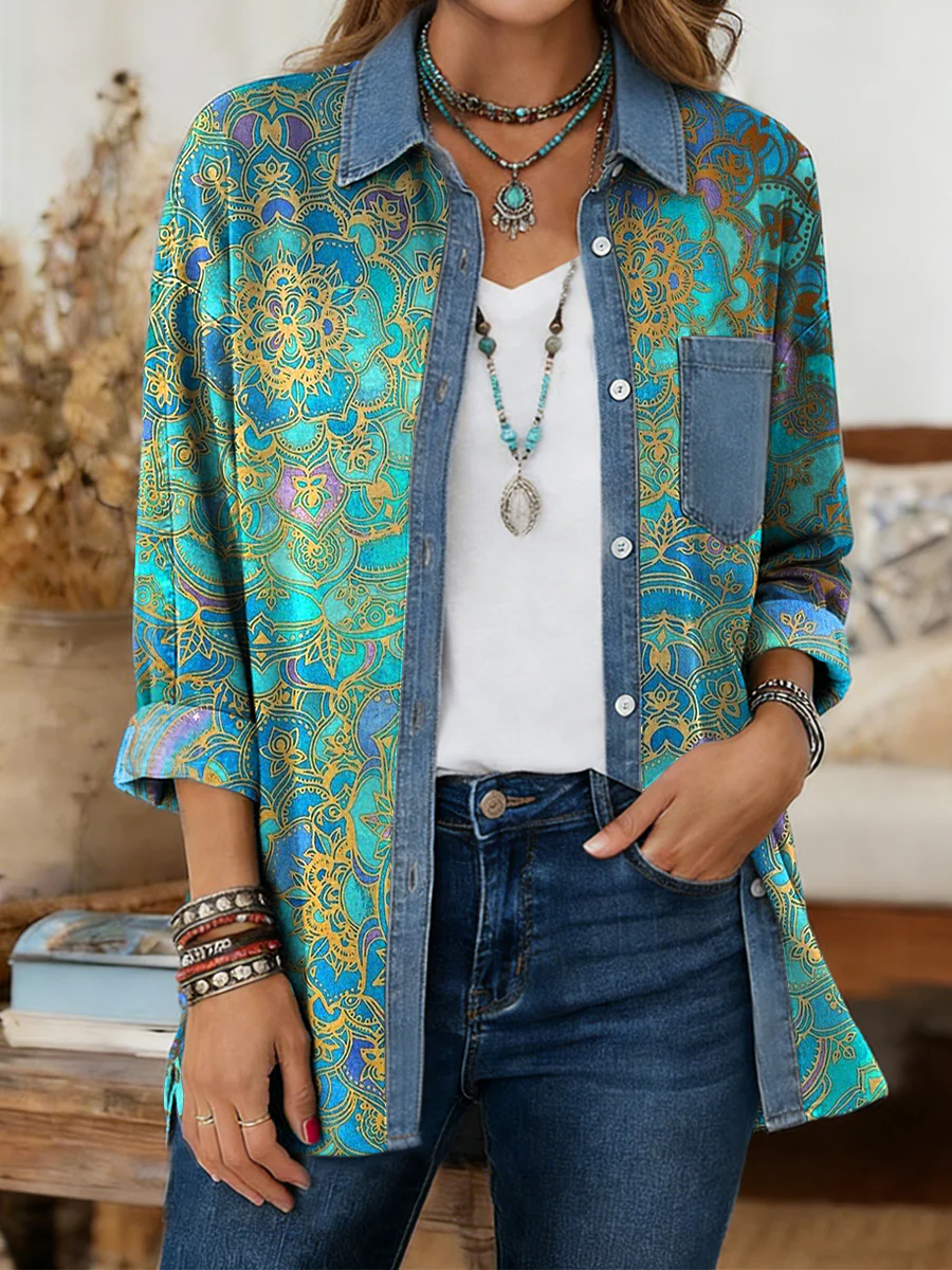 Womens Vintage Ethnic Blue Gradient Floral Art Prints Casual Pocket Denim Patchwork Shirt