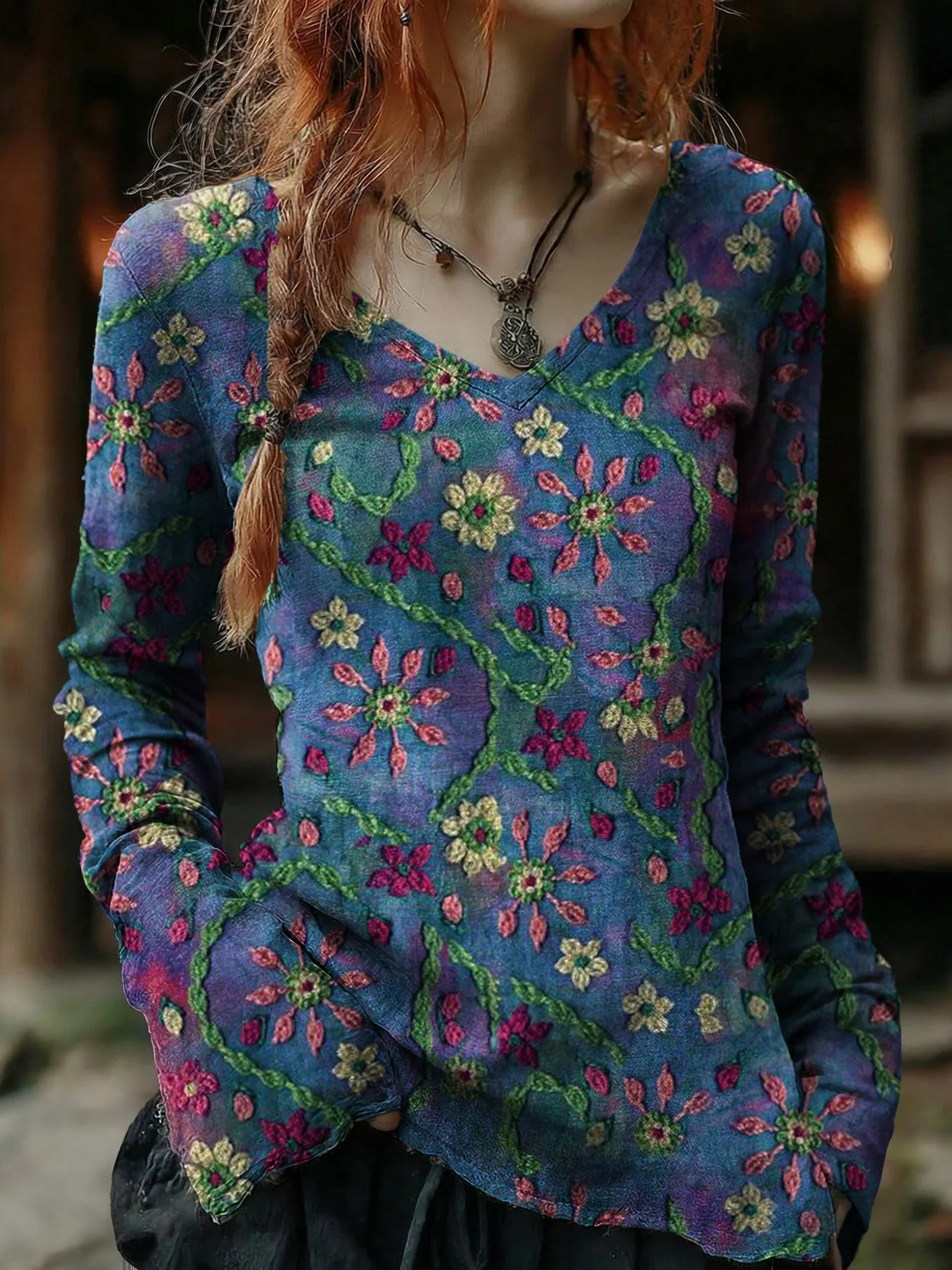 Women's Vintage Ethnic Blue Purple Floral Art Print Casual V-neck Cotton Top