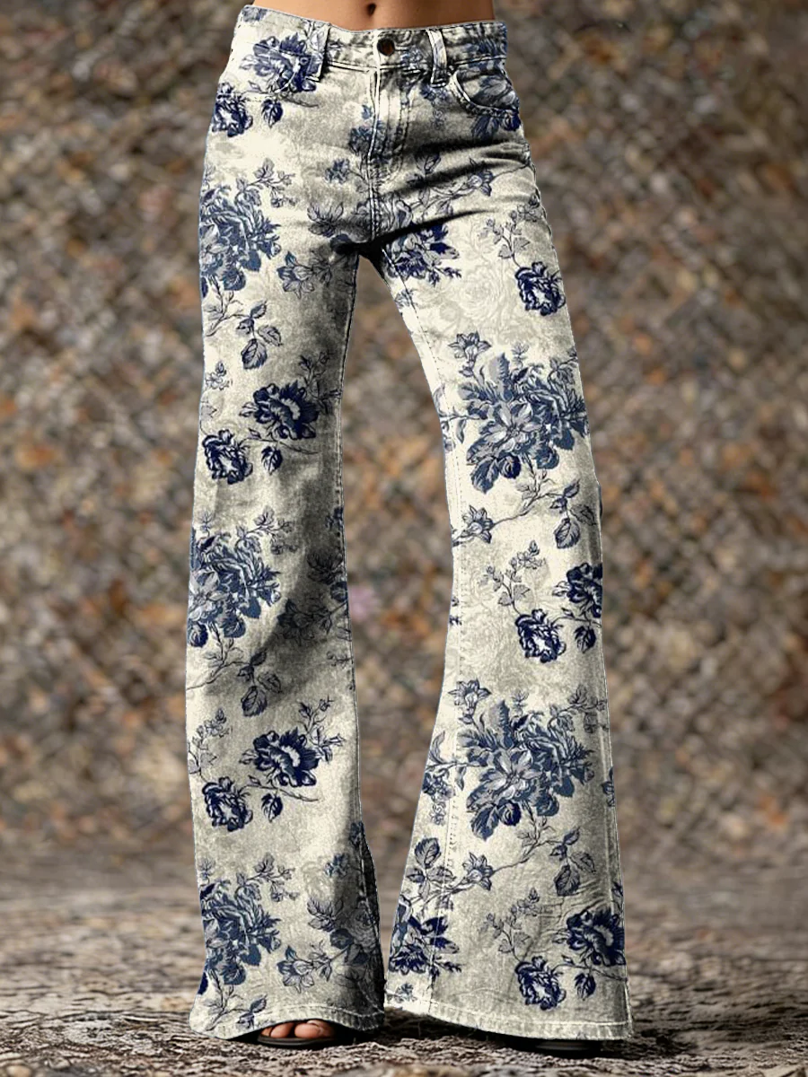 Women's Vintage Ethnic Blue White Rose Hippie Art Prints Casual Slim Denim Flared Pants