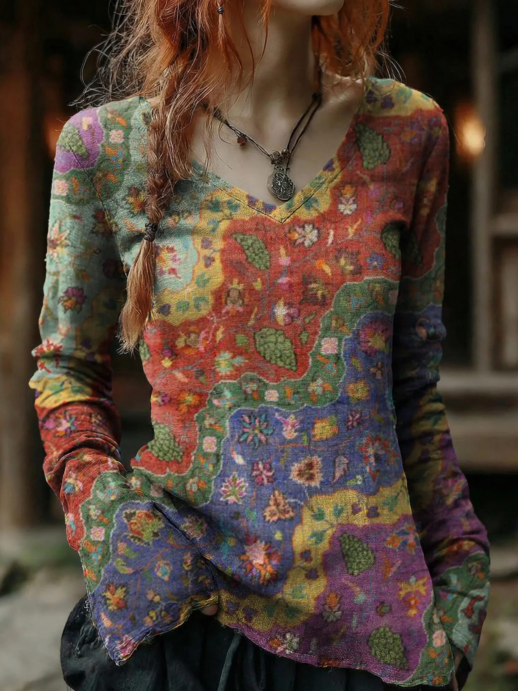 Women's Vintage Ethnic Collage Floral Art Print Casual V-neck Cotton Top