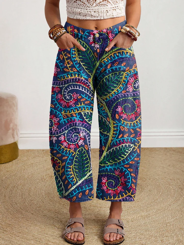 Women's Vintage Ethnic Embroidery Flower Pattern Art Print Leisure Jeans