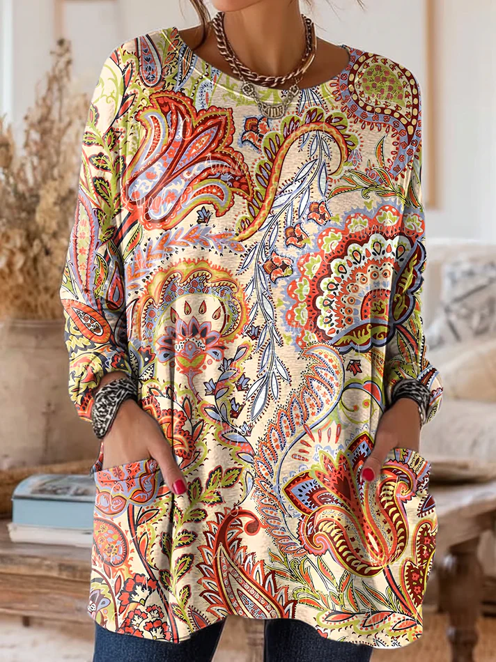 Womens Vintage Ethnic Floral Art Print Casual Home Round Neck Pocket T-shirt