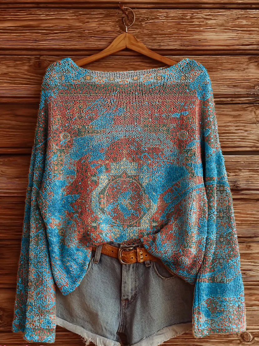 Women's Vintage Ethnic Floral Art Print Casual Pullover Sweater