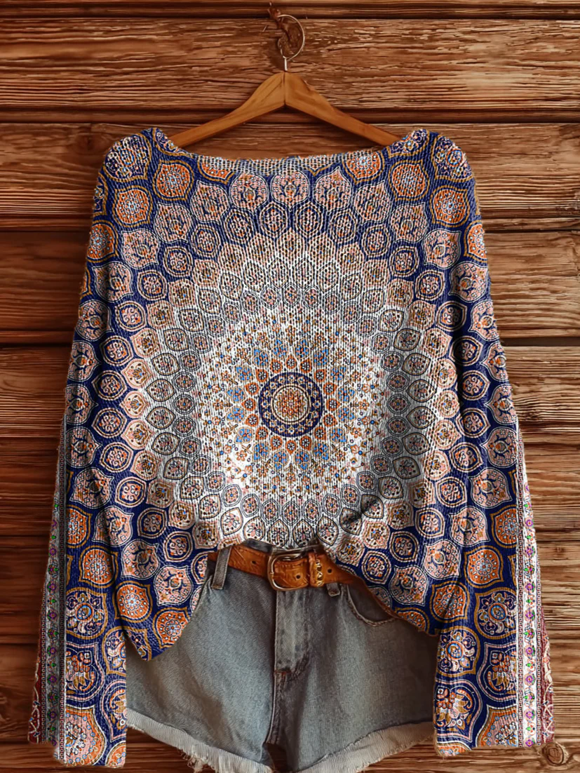 Women's Vintage Ethnic Floral Art Print Casual Pullover Sweater