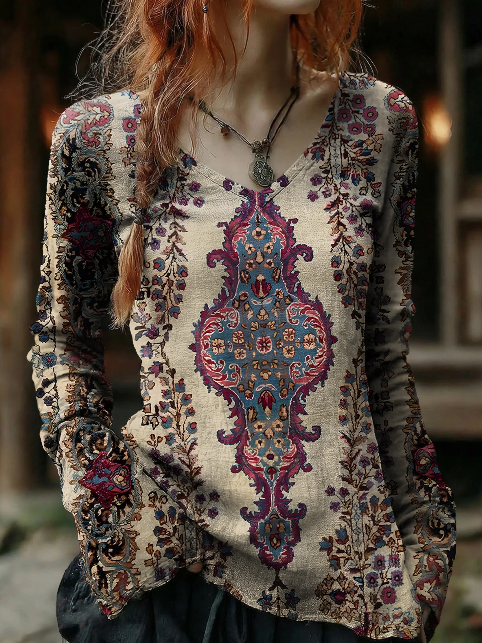 Women's Vintage Ethnic Floral Art Print Casual V-neck Cotton Top