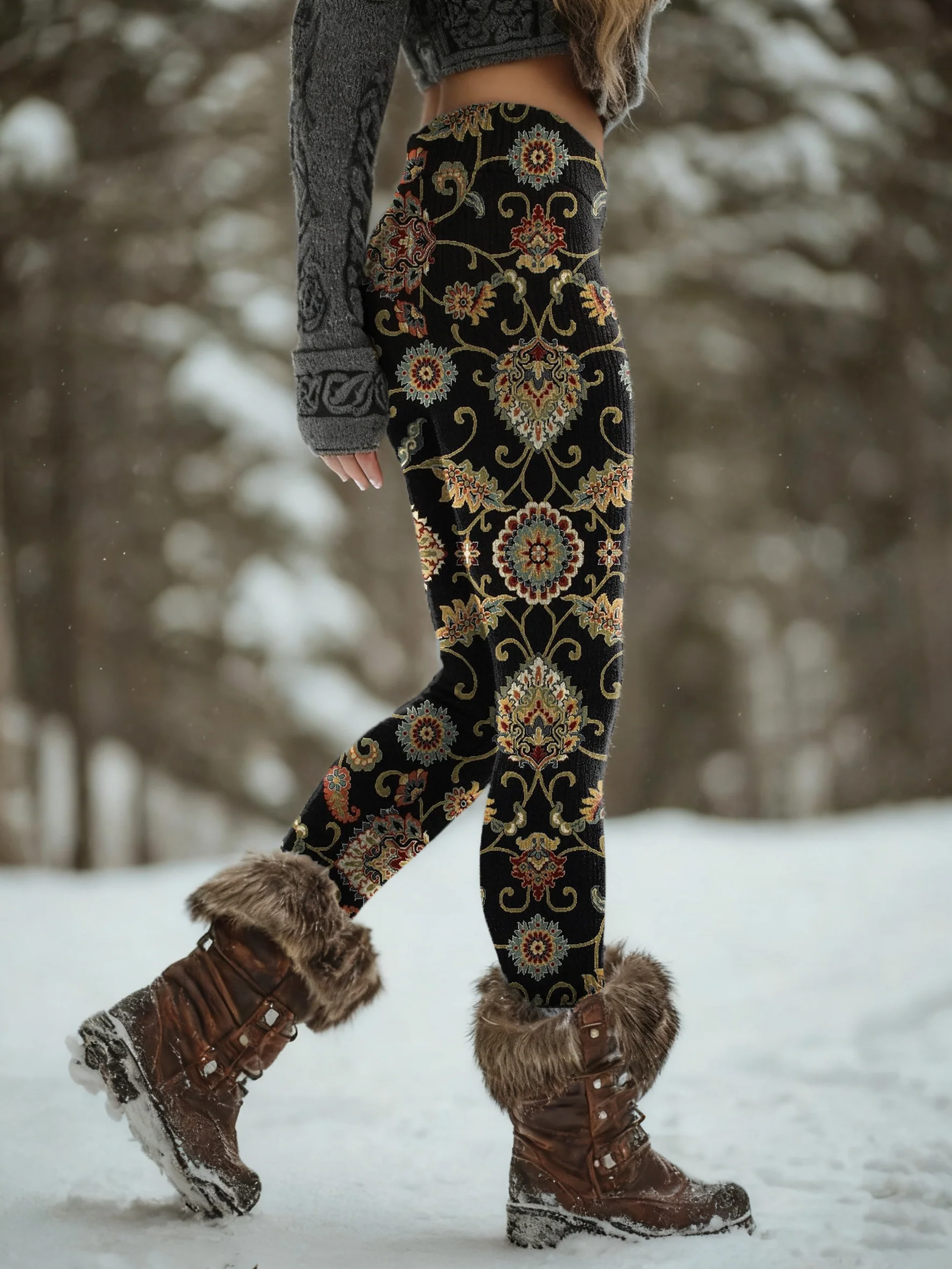 Women's Vintage Ethnic Floral Art Print Slim-Fit Casual Pants