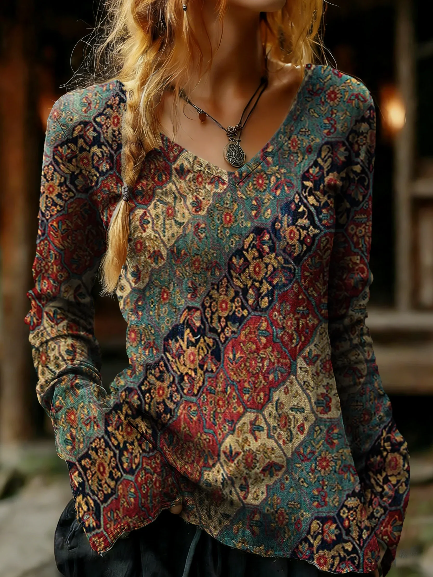 Women's Vintage Ethnic Floral Collage Art Prints Casual V-neck Cotton T-shirt