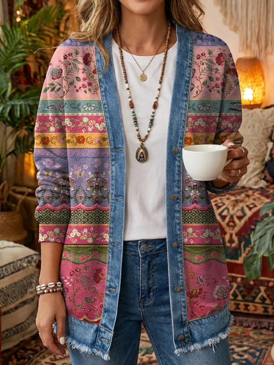 Women's Vintage Ethnic Floral Pattern Art Print Casual Long-sleeve Shirt Jacket