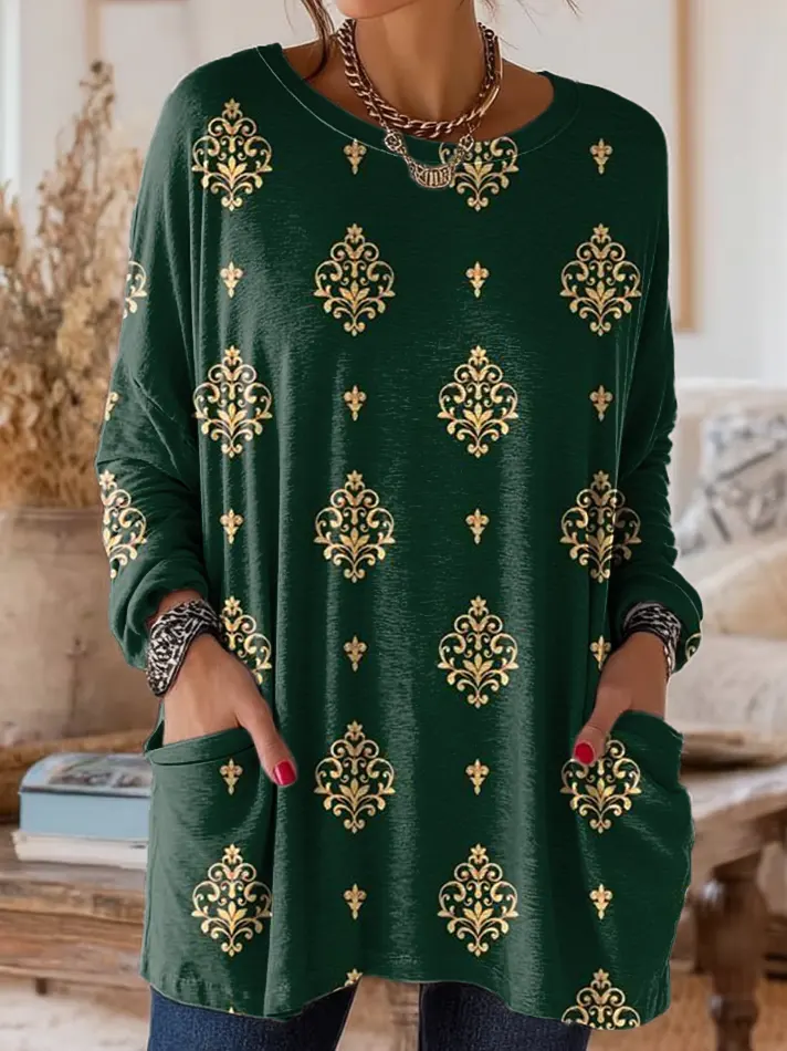 Women's Vintage Ethnic Floral Pattern Art Print Casual Long-sleeve T-shirt