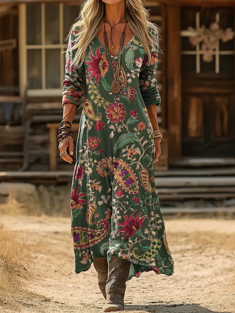 Women's Vintage Ethnic Floral Pattern Art Print Pocket Cotton Dress