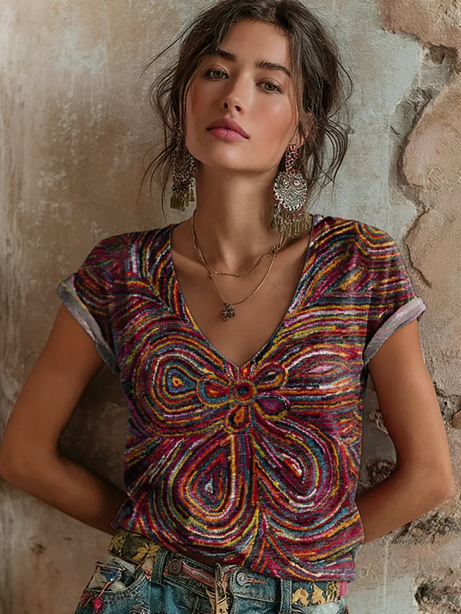 Women's Vintage Ethnic Floral Pattern Art Print V-neck Short-sleeve Top