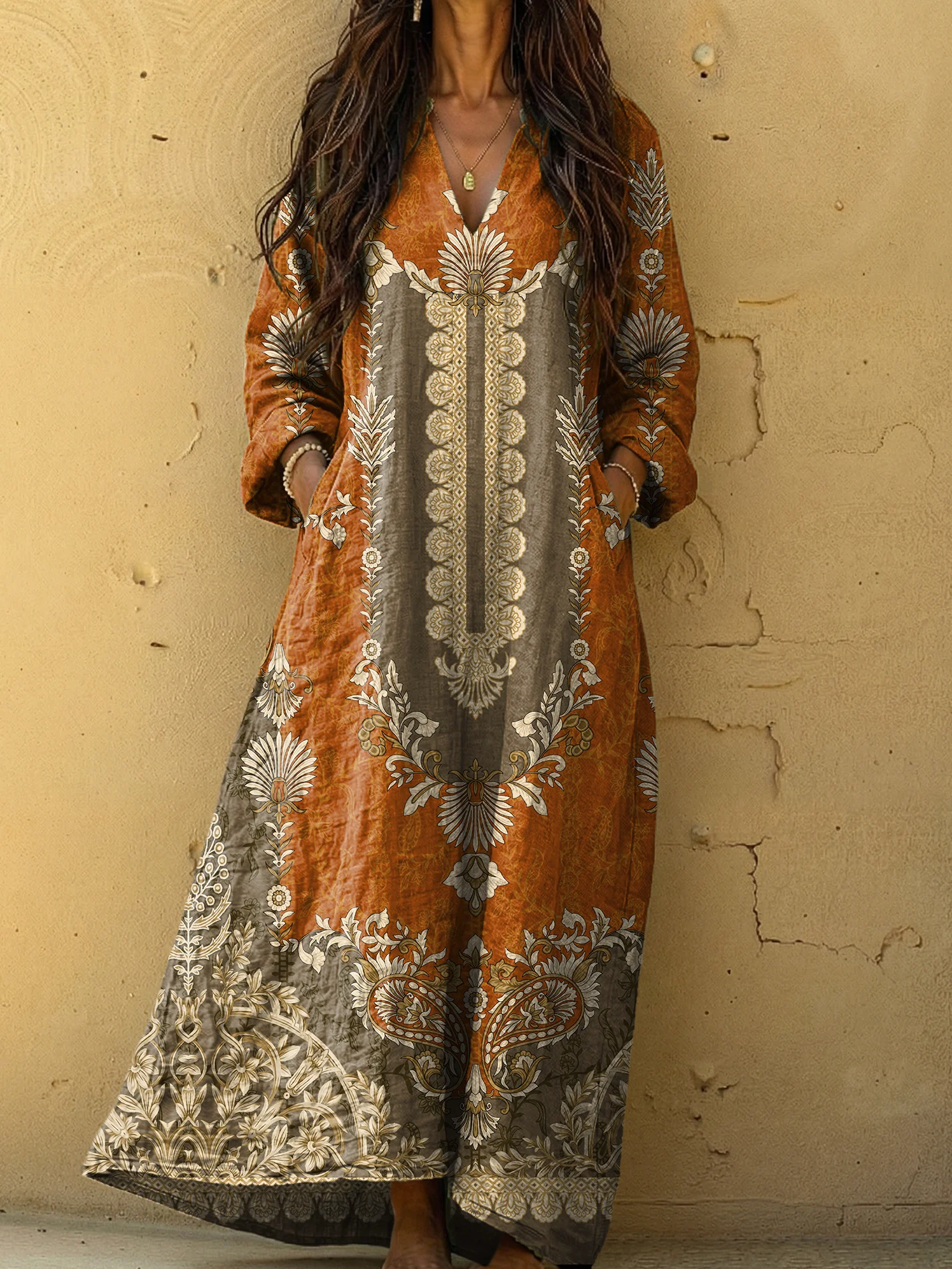 Women's Vintage Ethnic Flower Pattern Art Printed Casual V-neck Long Sleeve Cotton Dresses