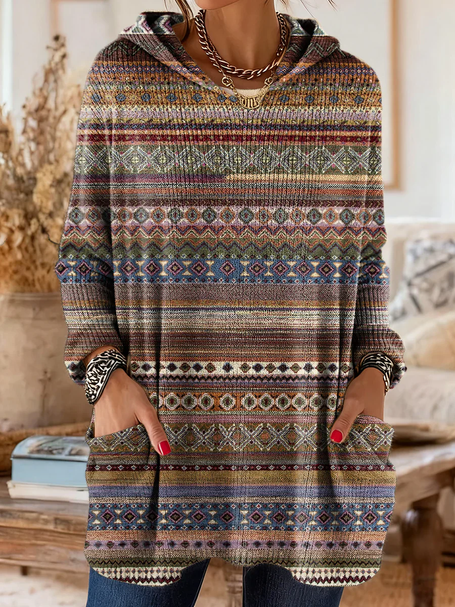 Women's Vintage Ethnic Geometric Collage Art Prints Casual Knit With Pockets Hooded Top
