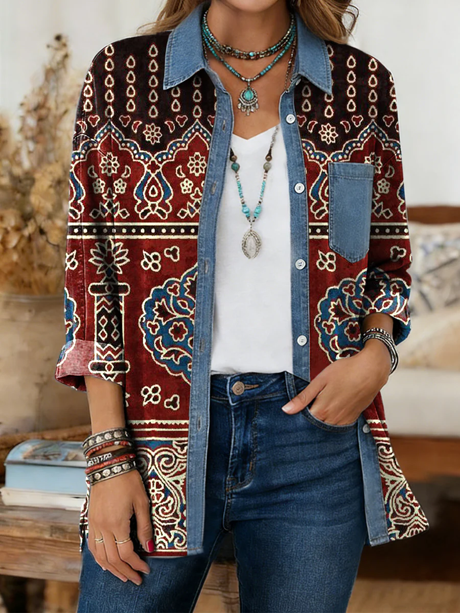 Women's Vintage Ethnic Geometric Floral Art Prints Casual Pockets Denim Patchwork Shirt