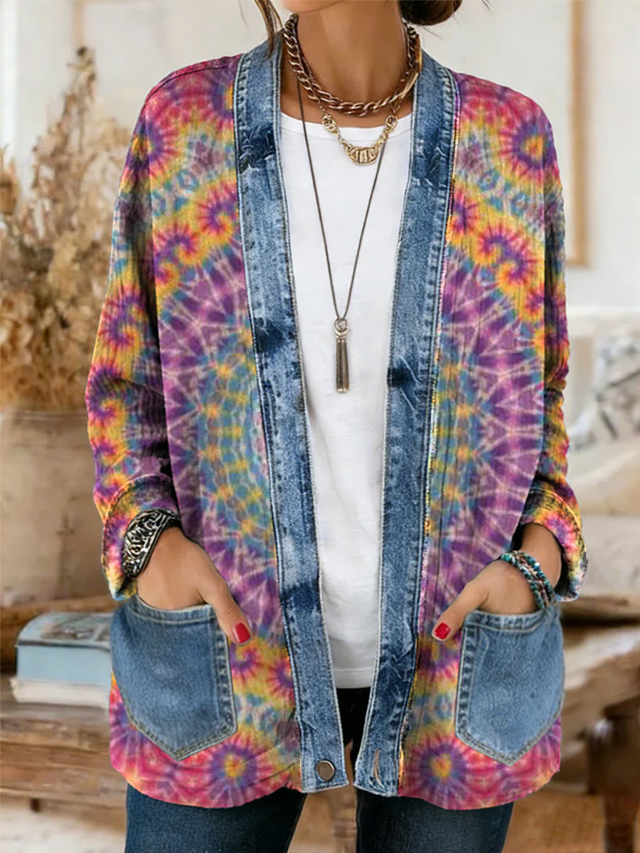 Women's Vintage Ethnic Mandala Art Printed Casual Button Cowboy Patchwork Jacket