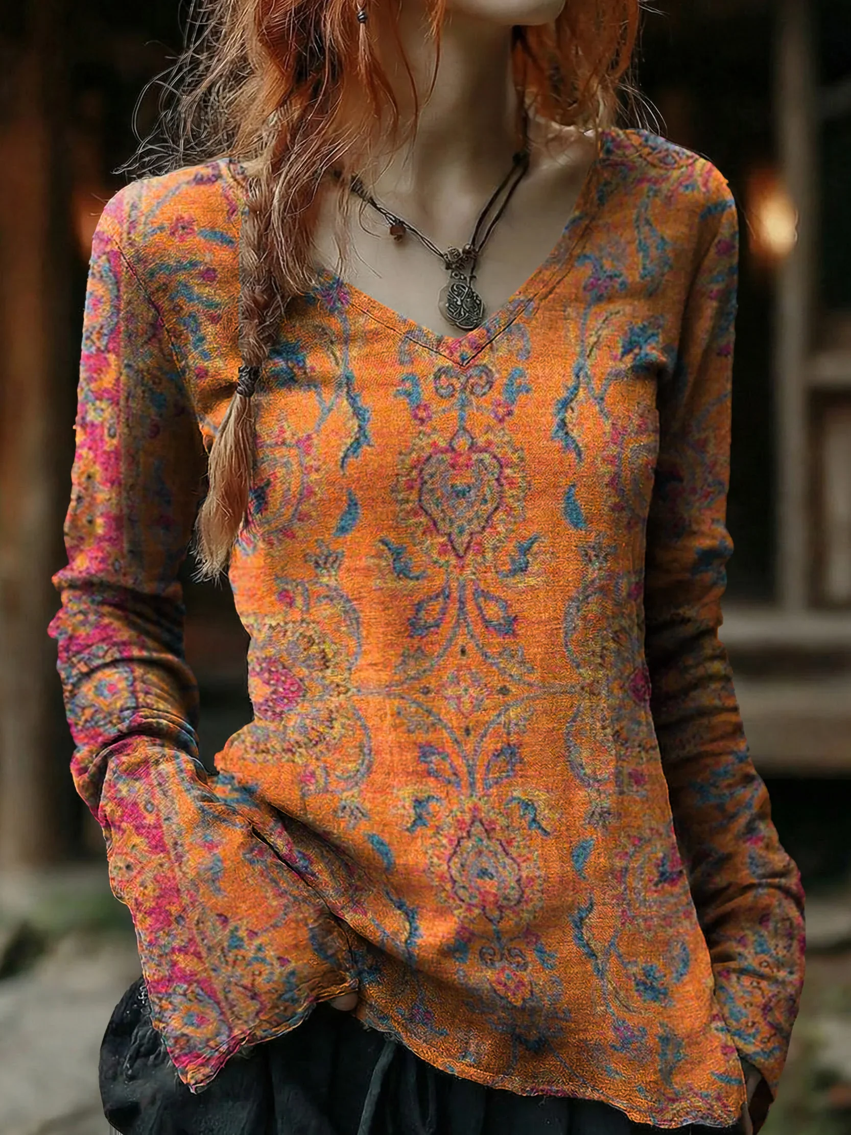 Women's Vintage Ethnic Orange Floral Art Prints Casual V-neck Cotton Top