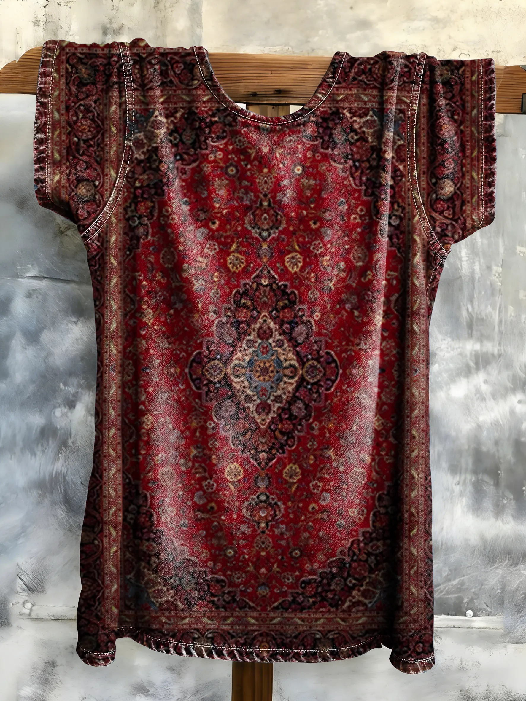 Women's Vintage Ethnic Pattern Art Print Crew Neck Denim Casual Short Sleeve