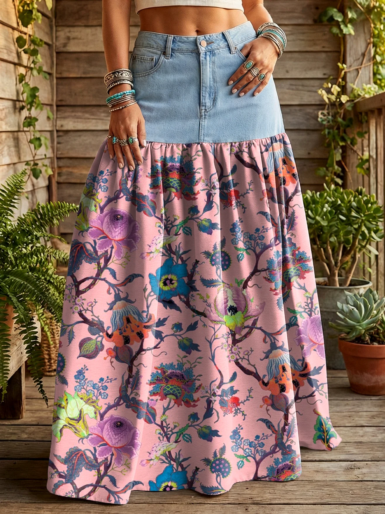 Women's Vintage Ethnic Pink Floral Art Printed Casual Denim Patchwork Half Skirt