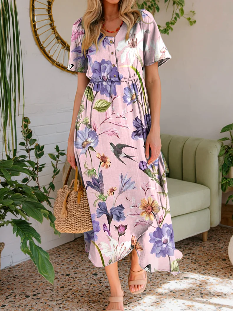 Women's Vintage Ethnic Pink Floral Art Printed Casual V-neck Button Short Sleeve Dresses